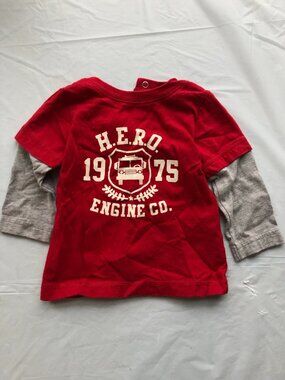 9-Months Carter's Red Shirt w/Gray Long Sleeves; Fire Truck, Hero Engine Co